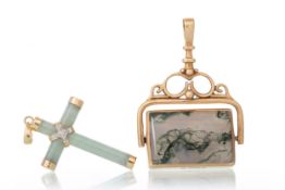 JADE CROSS PENDANT, ALONG WITH A SWIVEL FOB,
