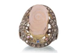 ROSE QUARTZ AND DIAMOND RING,