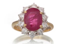 CERTIFICATED RUBY AND DIAMOND CLUSTER RING,