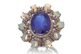 TANZANITE, OPAL AND DIAMOND RING,