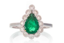 EMERALD AND DIAMOND CLUSTER RING,