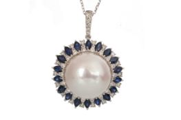 SAPPHIRE, DIAMOND AND PEARL PENDANT,