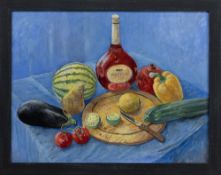 * JOHN JOHNSTONE SSA (SCOTTISH b. 1941), BLUE STILL LIFE WITH MELON