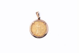 14kt yellow gold ducat from 1920 in pendant. The ducat is made of 22kt gold.
Weight: 4.8 grams
Dimen