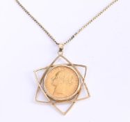 14kt yellow gold S-link necklace and Star of David pendant with QueenVictoria coin from 1877. 
Chain