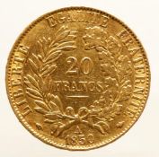 20 franc 1850, gold 21.6 kt 6.4 grams, very fine.