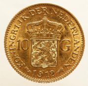 10 guilder gold Wilhelmina 1912. Beautiful. 6.72 grams, 900/1000.