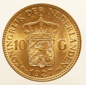 10 guilder gold Wilhelmina 1927. Beautiful. 6.72 grams, 900/1000.