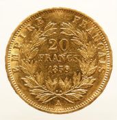 20 franc Napoleon III 1859, gold 21.6 kt 6.4 grams, very fine.