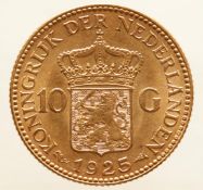 10 guilder gold Wilhelmina , Holland 1925. Condition beautiful. 6.72 grams, 900/1000.