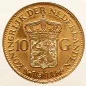 10 guilder gold Wilhelmina 1911. Beautiful. 6.72 grams, 900/1000.