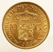10 guilder gold Wilhelmina 1913. Beautiful. 6.72 grams, 900/1000.
