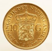 10 guilder gold Wilhelmina 1913. Beautiful. 6.72 grams, 900/1000.