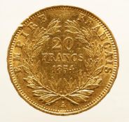 20 franc Napoleon III 1854, gold 21.6 kt 6.4 grams, very fine.