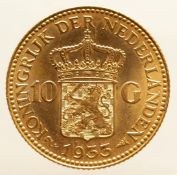 10 guilder gold Wilhelmina 1933. Beautiful. 6.72 grams, 900/1000.