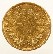 20 franc Napoleon III 1859, gold 21.6 kt 6.4 grams, very fine.
