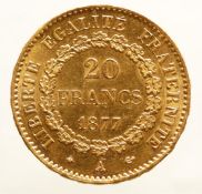 20 franc 1877, gold 21.6 kt 6.4 grams, very fine.