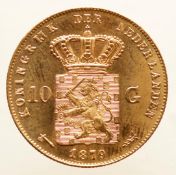 10 guilder gold Willem III 1879. Beautiful conditon. 6.72 grams, 900/1000.