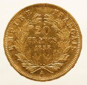 20 franc Napoleon III 1858, gold 21.6 kt 6.4 grams, very fine.