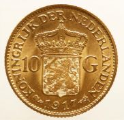 10 guilder gold Wilhelmina , Holland 1917. Condition beautiful. 6.72 grams, 900/1000.