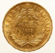 20 franc Napoleon III 1859, gold 21.6 kt 6.4 grams, very fine.