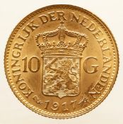 10 guilder gold Wilhelmina 1917. Beautiful. 6.72 grams, 900/1000.