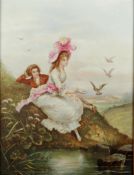 A large porcelain plaque with a decoration of a lady and gentleman at the water, signed "G. Saquet".