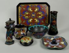 A lot of various earthenware objects including a tray, bowl, candlestick and various pots and vases.