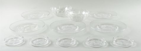 A crystal Val Sant Lambert set consisting of 5 coasters, five plates and two bowls, all decorated wi