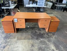 WOOD OFFICE DESK & (2) THREE DRAWER FILE CABINETS