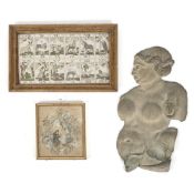 WOOD RELIEF OF A PUTTO, EMBROIDERY AND A COLLAGE OF CARDS