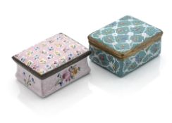 TWO ENGLISH METAL-MOUNTED FLORAL PAINTED ENAMEL SNUFF BOXES AND COVERS
