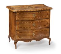 A FRENCH BRASS MOUNTED  WALNUT AND PLUM MINIATURE COMMODE