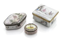 THREE METAL MOUNTED FAIENCE AND ENAMELLED COPPER SNUFF BOXES AND COVERS