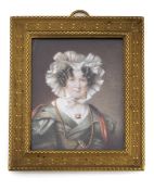 A MINIATURE PORTRAIT OF A LADY WITH BONNET AND GOLD JEWELLEY