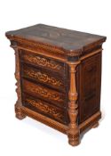 A DECORATIVE FLORAL AND DICE PATTERN MARQUETRIED KINGWOOD AND WALNUT MODEL COMMODE