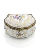 A METAL MOUNTED FLORAL AND GILT PORCELAIN SNUFF BOX AND COVER