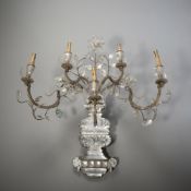 A FRENCH CRYSTAL GLASS AND METAL FIVE LIGHT WALL LIGHT