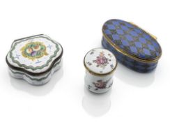 THREE GILT METAL MOUNTED ENAMELLED COPPER SNUFF BOXES AND COVERS