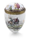 A BRASS MOUNTED EGG-SHAPED ENAMEL SNUFF BOX AND COVER WITH BATTLE SCENES