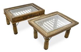 A PAIR OF WOOD AND IRON OCCASIONAL TABLES