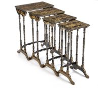 Set of four side tables with black lacquer decoration and gold painting
