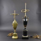 TWO GREEN AND BLACK PAINTED TABLE LAMPS