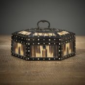 Hexagonal wooden lidded box with wild boar bristles and mother-of-pearl inlays