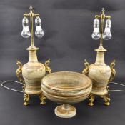 A pair of French gilt bronze and alabastro fiorito table lamps and a jardiniere
