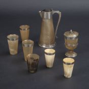 A MIXED LOT OF SIX HORN BEAKER, A GOBLET AND A WATER POT
