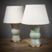 A PAIR OF 'GU'-SHAPED LOW RELIEF FLORAL CELADON VASES MOUNTED AS LAMPS