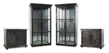 A PAIR OF IRON AND BEVELLED GLASS HUNTING DISPLAY CABINETS