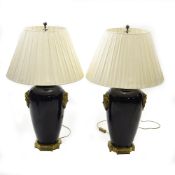 A pair of French gilt bronze and blue porcelain table lamps