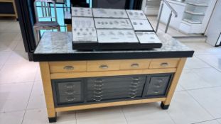 Wooden Table Display with Marble Top & Storage Drawers
